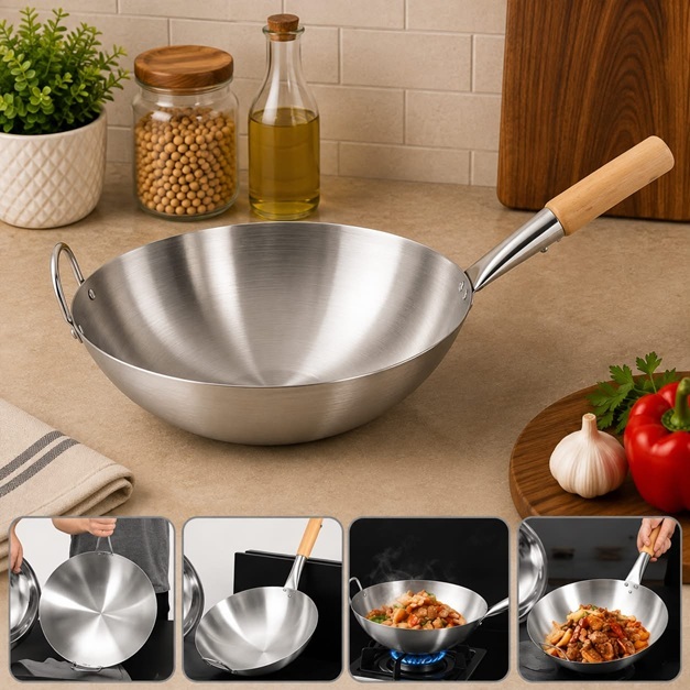 STAINLESS STEEL WOK PAN WITH WOODEN HANDLE 36CM