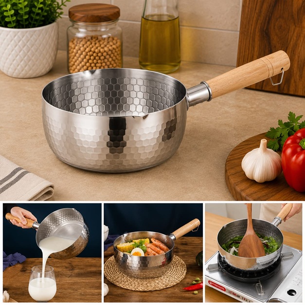 HAMMERED STAINLESS STEEL MILK POT WITH WOODEN HANDLE 18CM