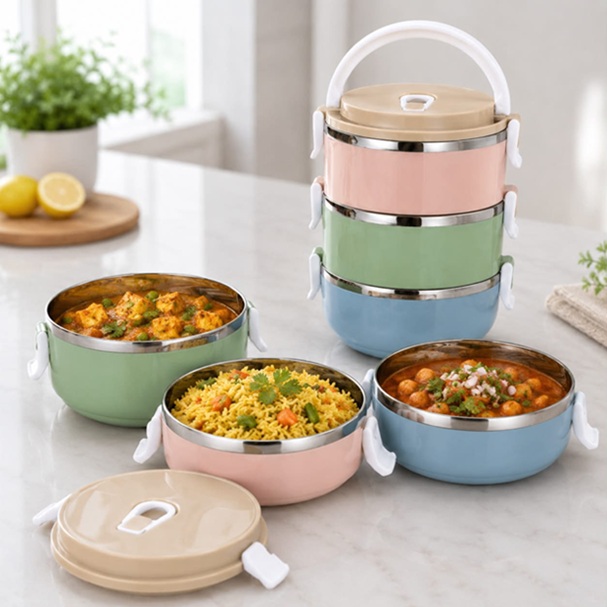 3 LAYER STAINLESS STEEL MULTICOLOUR THERMAL LUNCH CARRIER